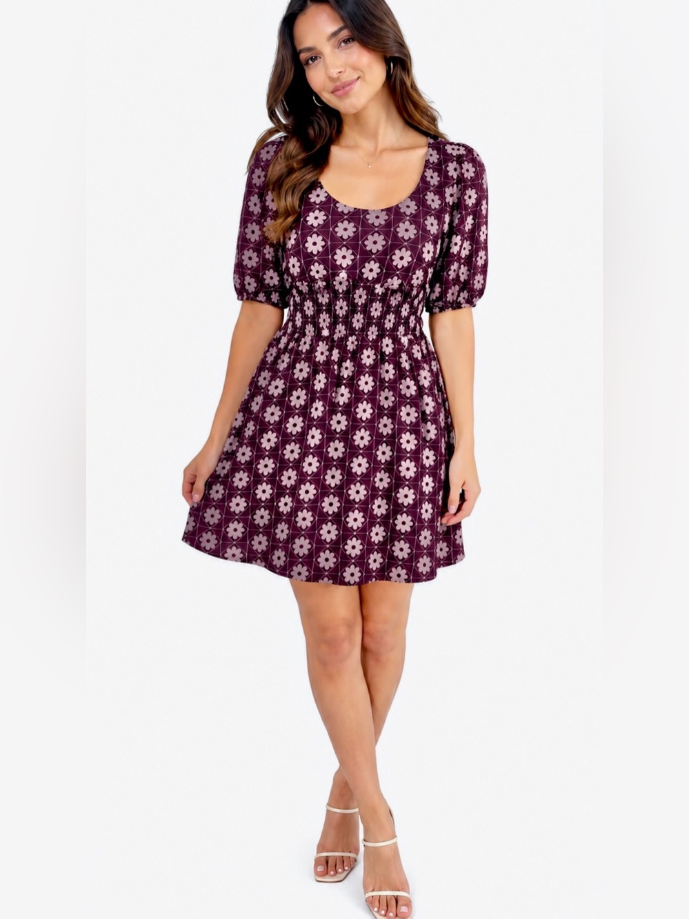love, Fire Burgundy Floral Scoop Neck Mini Dress